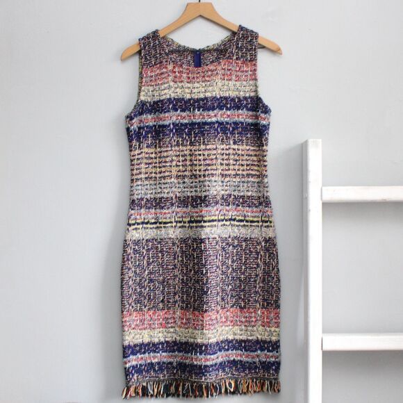 St. John Sleeveless Tweed Blue Multicolor Striped Fringed Dress Size 4
